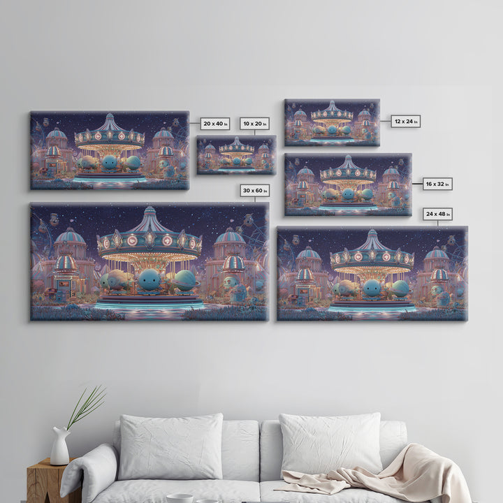 The Carousel Of Sleeping Planets, Retro Neon Halloween Art, Wide Panoramic Art, Canvas Print, Retro Halloween Decor, Neon Wall Art