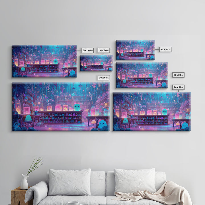 The Apothecary Of Black Seashell Dreams, Cute Eldritch Neon Art, Wide Panoramic Art, Canvas Print, Retro Halloween Decor, Neon Wall Art