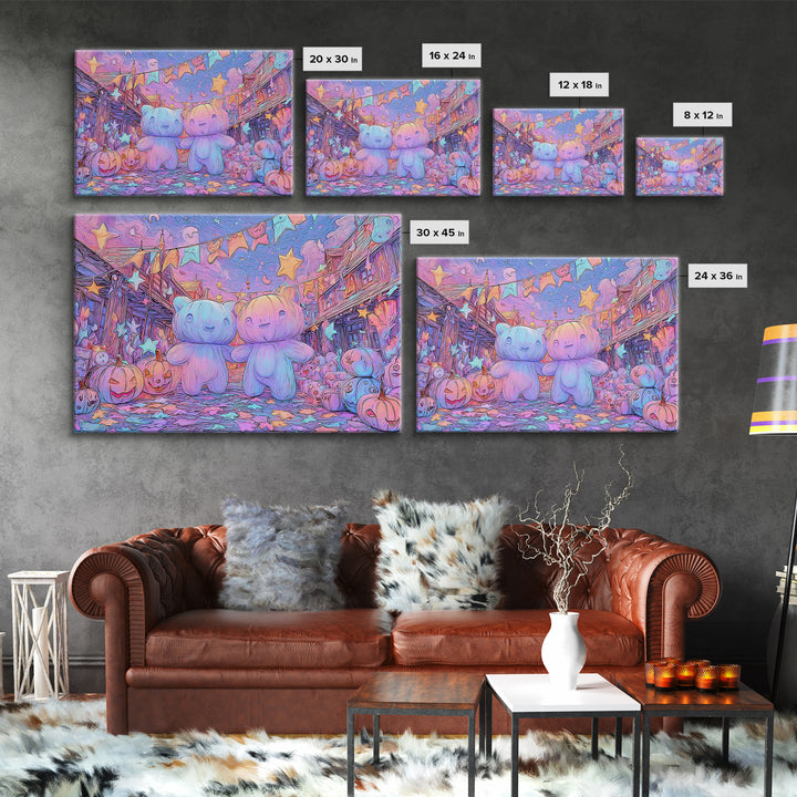 The Festival Of The Little Old Ones, Synthwave Halloween Art, Landscape Wall Art, Framed Canvas Print, Retro Halloween Decor, Neon Wall Art