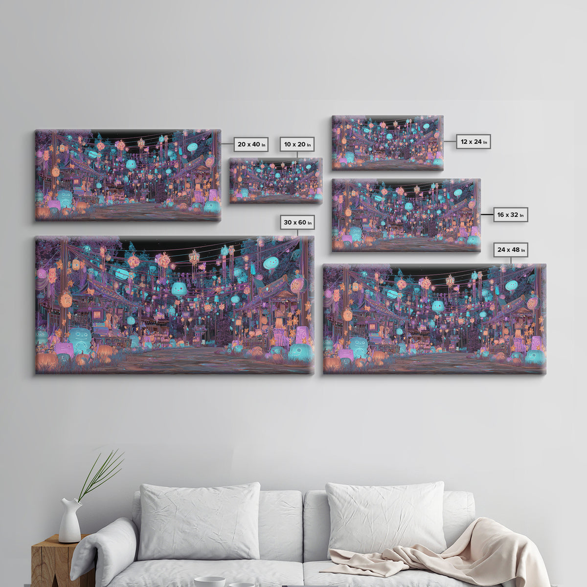 The Festival Of The Little Old Ones, Cute Eldritch Neon Art, Wide Panoramic Art, Canvas Print, Retro Halloween Decor, Neon Wall Art