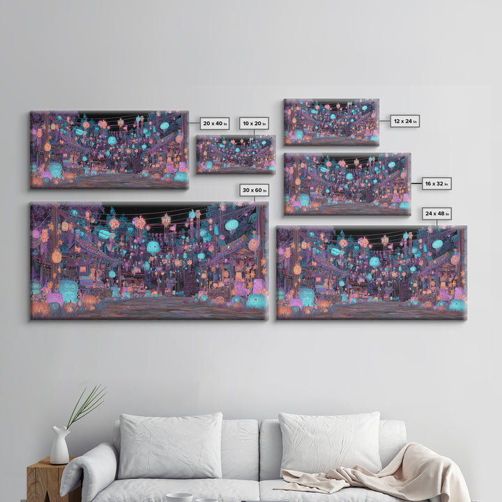 The Festival Of The Little Old Ones, Cute Eldritch Neon Art, Wide Panoramic Art, Canvas Print, Retro Halloween Decor, Neon Wall Art