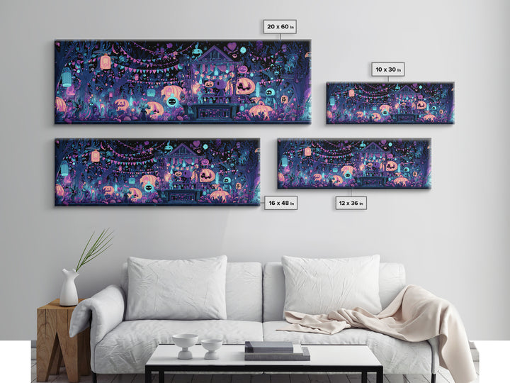 The Festival Of The Little Old Ones, Vaporwave Halloween Decor, Extra Wide Wall Art, Framed Canvas Print, Retro Halloween Decor