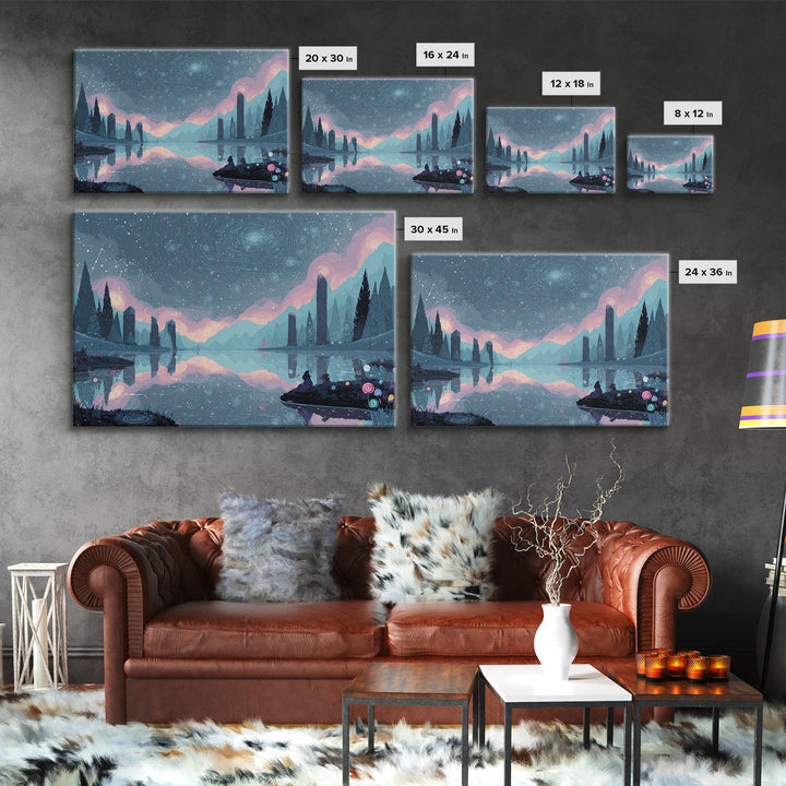The Mirror Lake Of Lost Constellations, 80s Halloween Wall Art, Landscape Wall Art, Framed Canvas Print, Retro Halloween Decor
