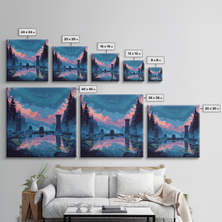 The Mirror Lake Of Lost Constellations, 80s Halloween Wall Art, Square Wall Art, Canvas Print, Retro Halloween Decor, Neon Wall Art