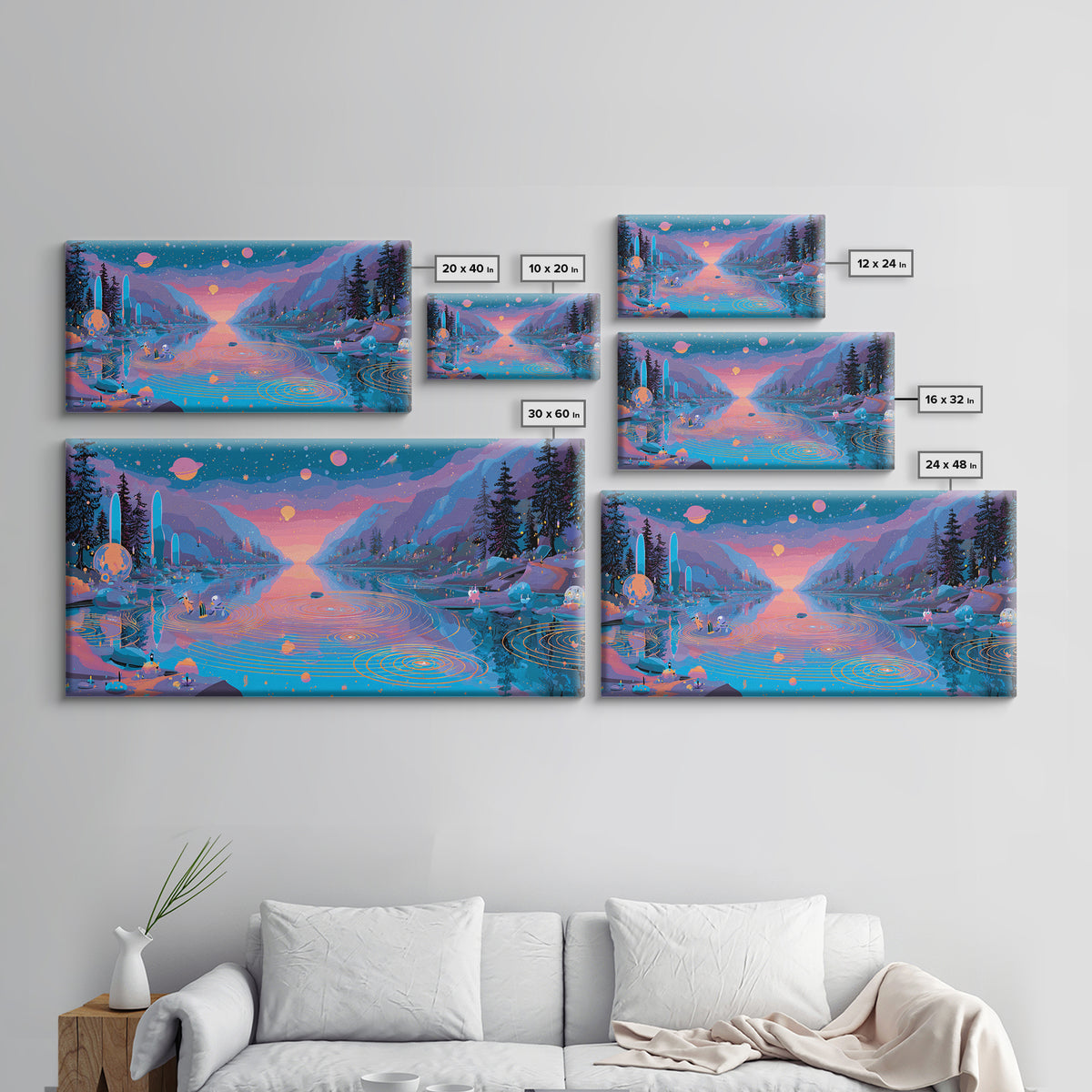 The Mirror Lake Of Lost Constellations, Synthwave Halloween Art, Wide Panoramic Art, Framed Canvas Print, Retro Halloween Decor