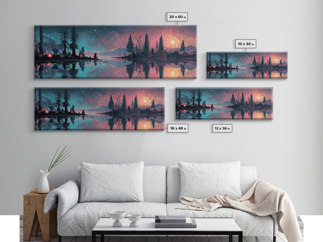 The Mirror Lake Of Lost Constellations, Cosmic Synthwave Horror, Extra Wide Wall Art, Framed Canvas Print, Retro Halloween Decor