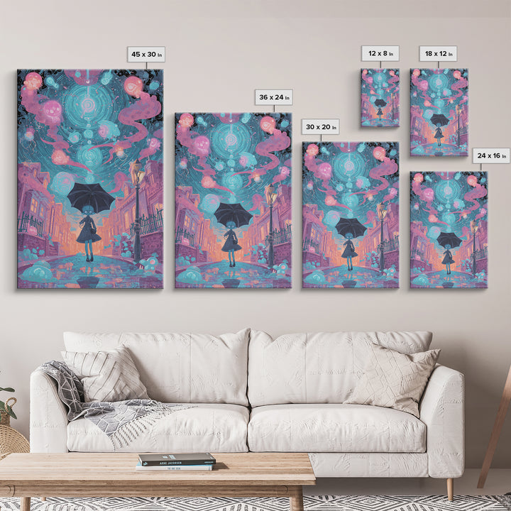 The Umbrella Of The Outer Rain, Retro Neon Halloween Art, Vertical Wall Art, Framed Canvas Print, Retro Halloween Decor, Neon Wall Art
