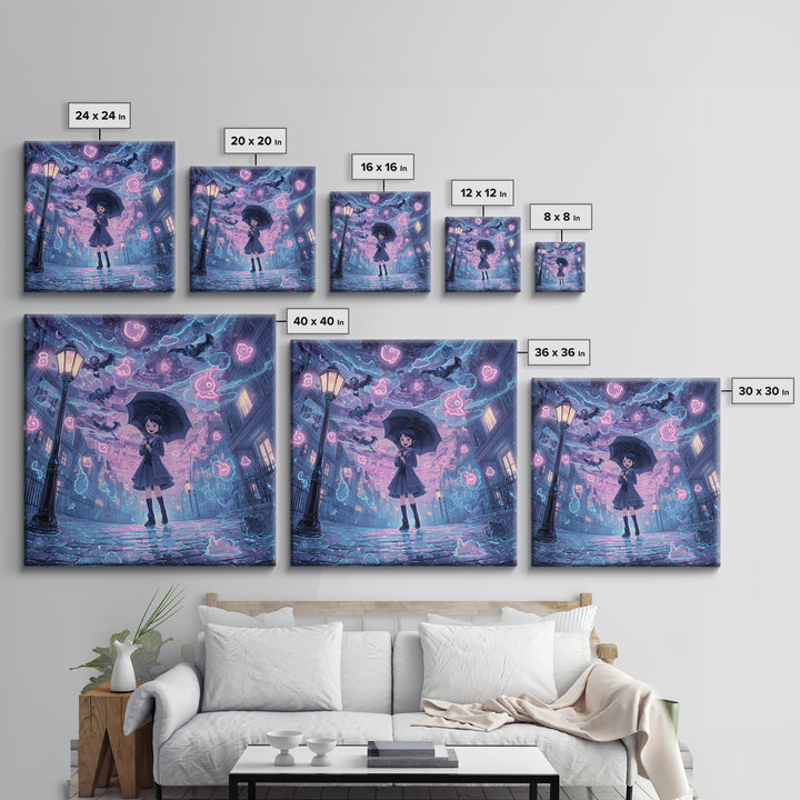 The Umbrella Of The Outer Rain, Cute Spooky Neon Art, Square Wall Art, Canvas Print, Retro Halloween Decor, Neon Wall Art