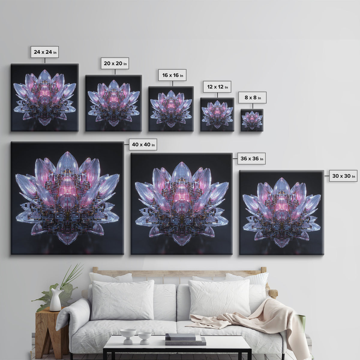 Electric Lotus Flower Canvas Print, Cyberpunk Art, Gallery Decor, Living Room Decor, Fine Art, Neon, Wall Art, Home Decor, CYB-1x1-17