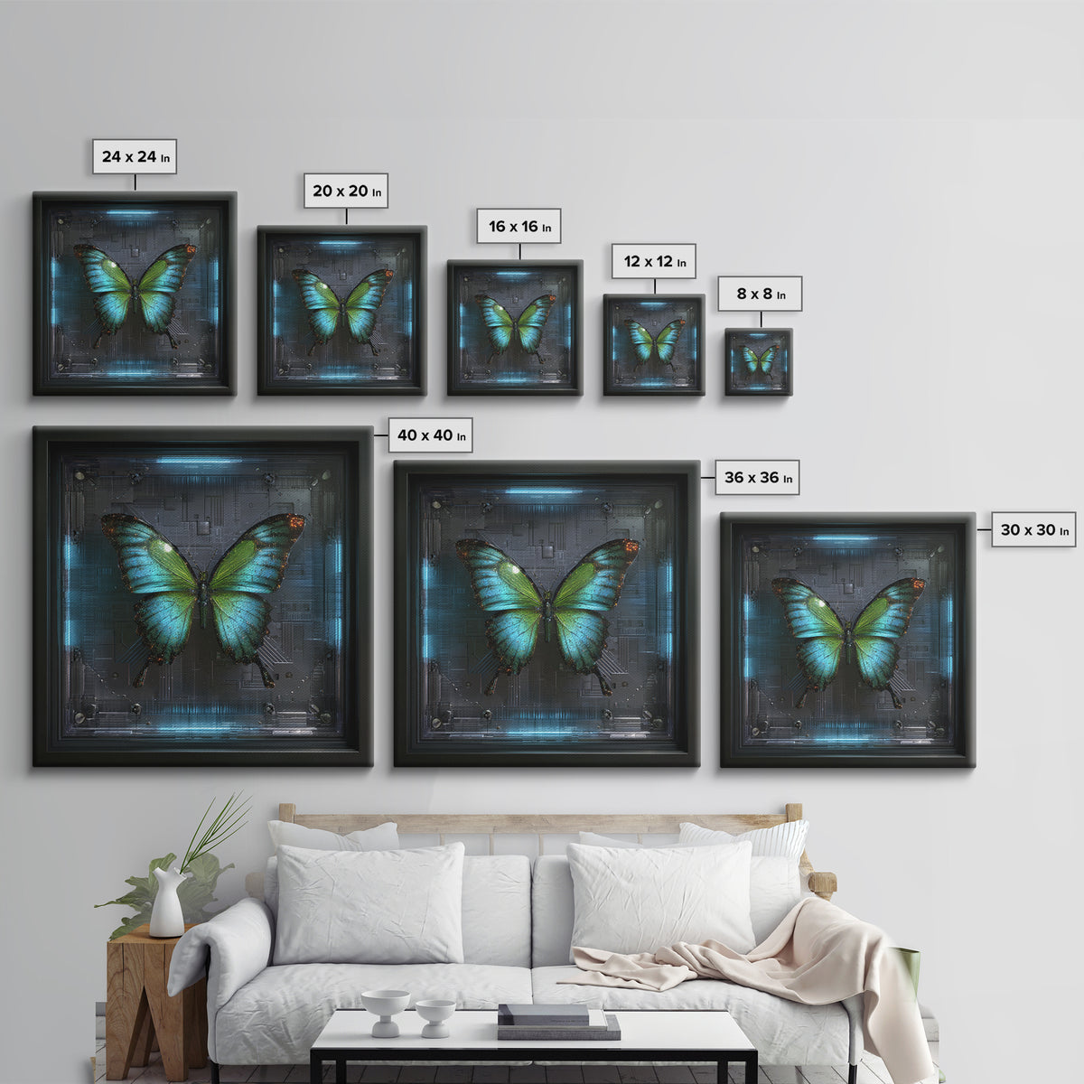 Holographic Butterfly over Black Metal Surface Canvas Print, Cyberpunk Art, Japanese Art, Living Room Decor, Fine Art, Neon, CYB-1x1-19