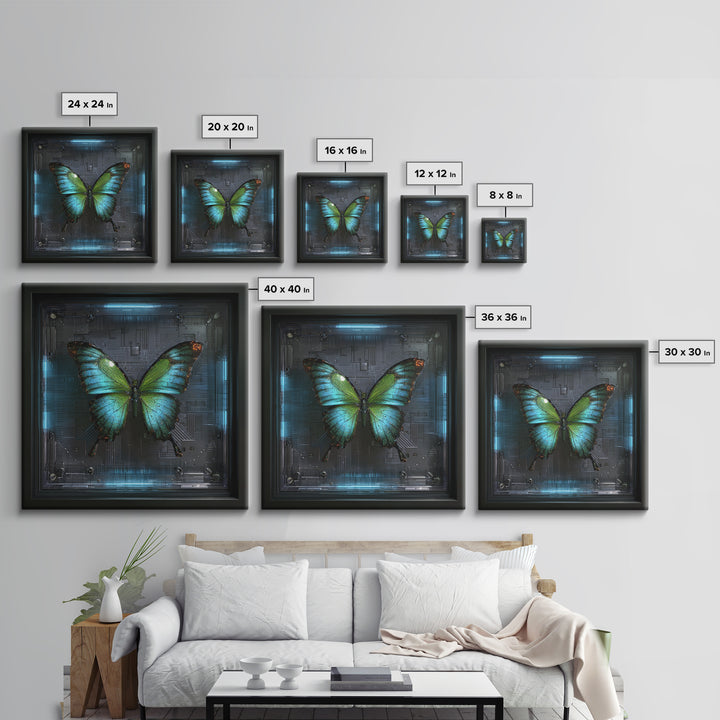 Holographic Butterfly over Black Metal Surface Canvas Print, Cyberpunk Art, Japanese Art, Living Room Decor, Fine Art, Neon, CYB-1x1-19