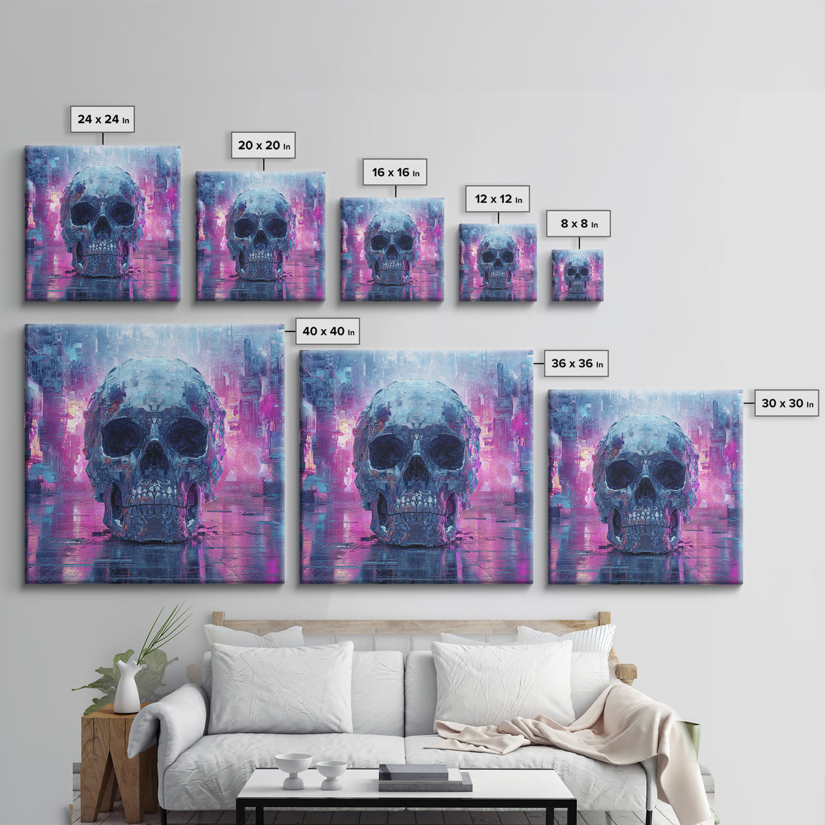 Cyberpunk Skull with Chrome and Violet Light Canvas Print, Cyberpunk Art, Art Print, Living Room Decor, Fine Art, Neon, CYB-1x1-20