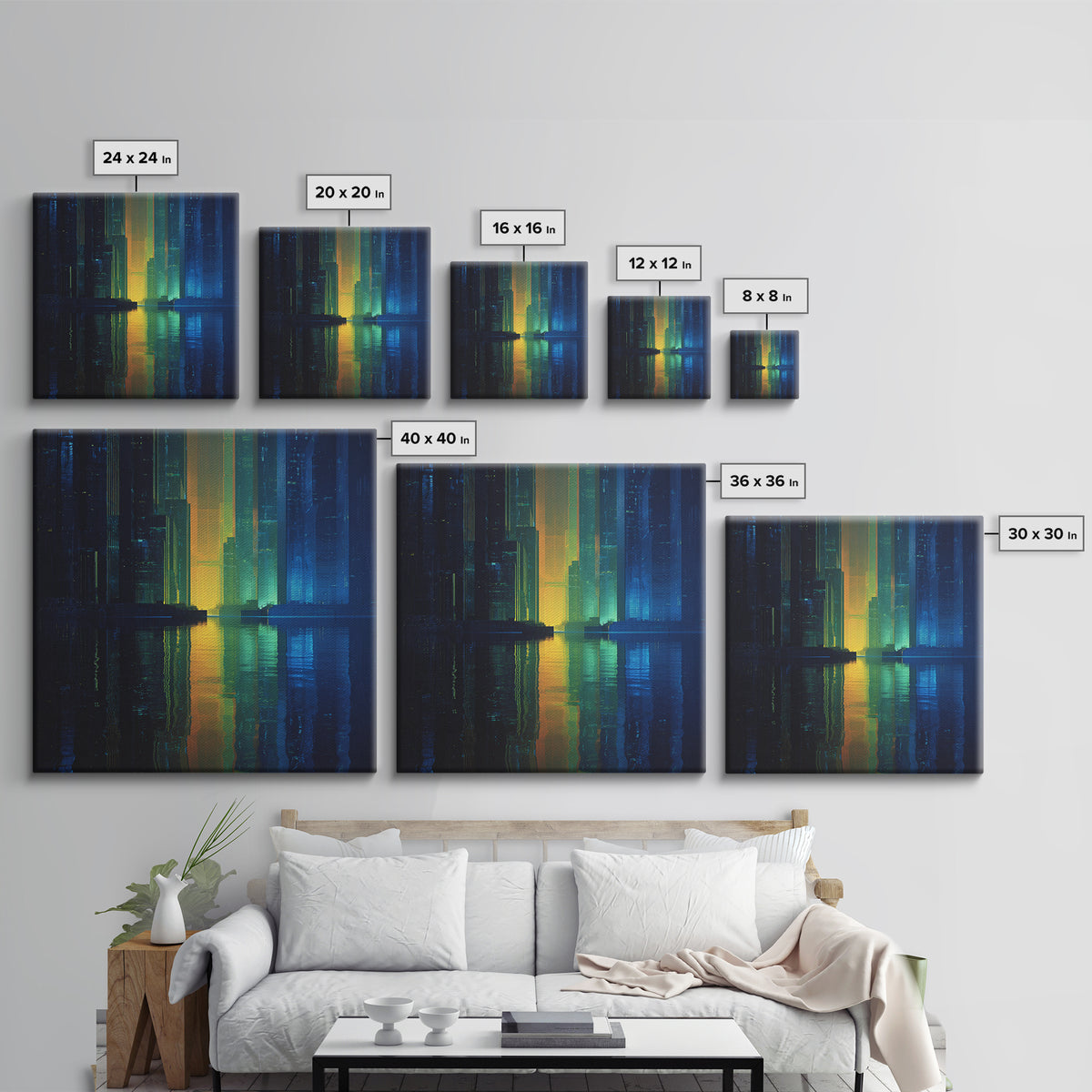 Neon Skyline Reflected Canvas Print, Cyberpunk Art, Man Cave Decor, Living Room Decor, Fine Art, Neon, Fine Art Print, CYB-1x1-22