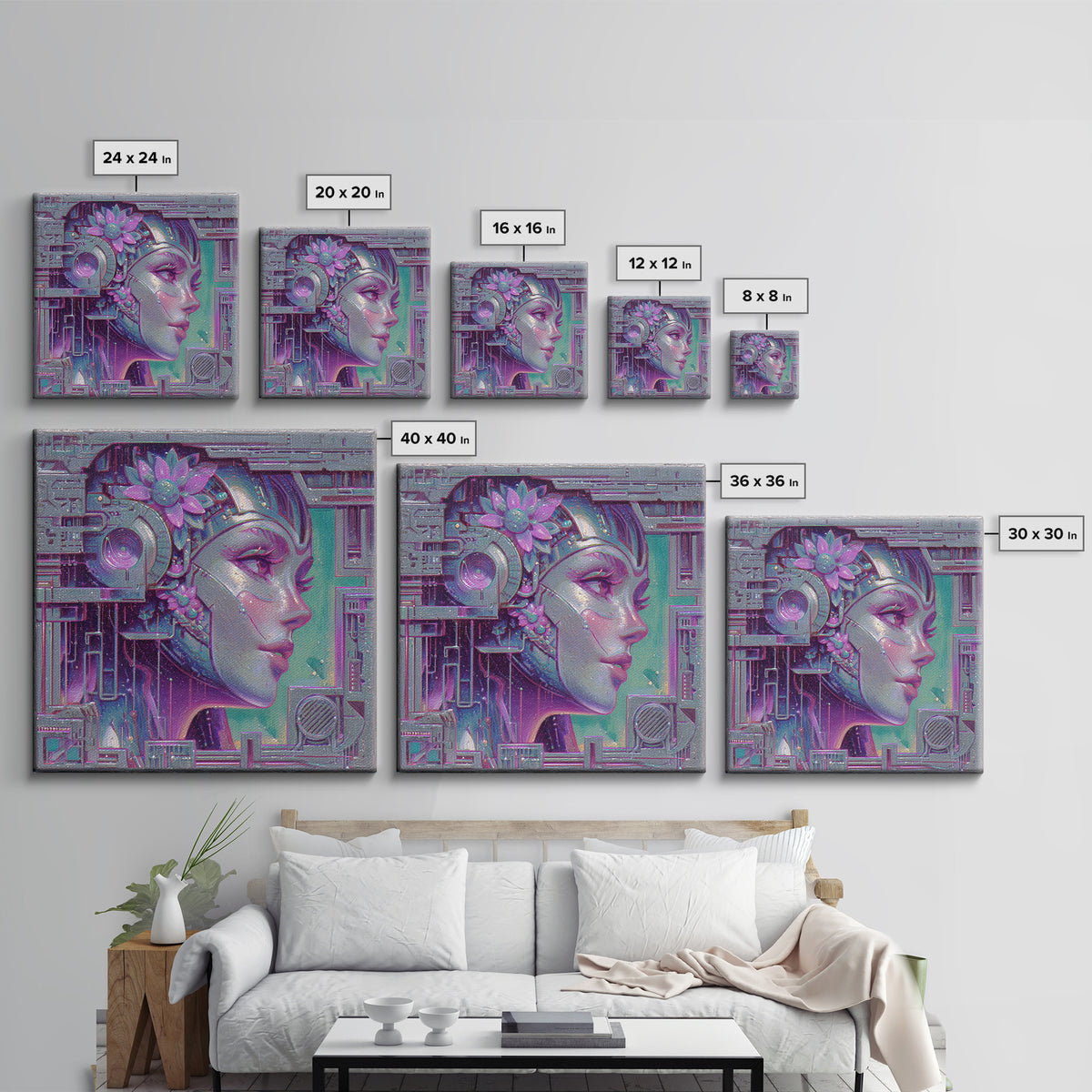 Android Woman with Glowing Circuitry and Flowers Canvas Print, Cyberpunk Art, Blue Wall Art, Living Room Decor, Neon, CYB-1x1-27