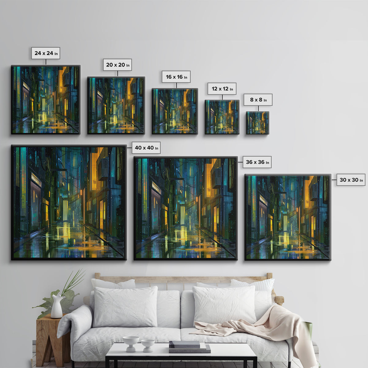 Rain Soaked Alley Framed Canvas Print, Cyberpunk Art, Gallery Decor, Living Room Decor, Fine Art, Neon, Wall Art, Home Decor, CYB-1x1-32