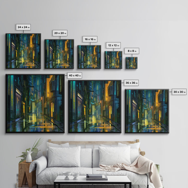 Rain Soaked Alley Framed Canvas Print, Cyberpunk Art, Gallery Decor, Living Room Decor, Fine Art, Neon, Wall Art, Home Decor, CYB-1x1-32