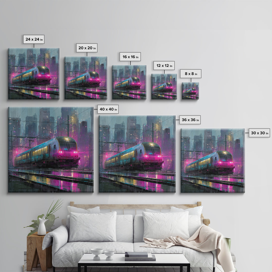 City Train Rushing Through Pink Electric Haze Framed Canvas Print, Cyberpunk Art, Boho Decor, Living Room Decor, Oil Painting, CYB-1x1-37