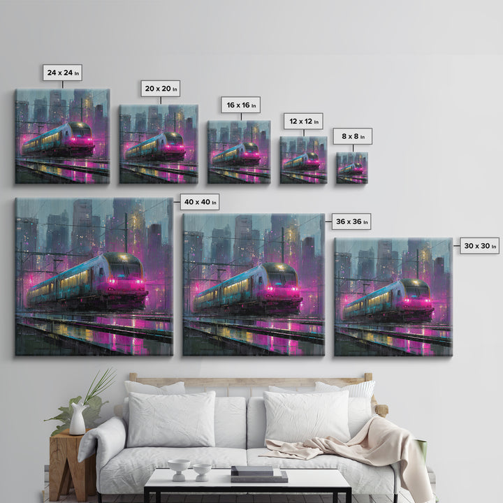 City Train Rushing Through Pink Electric Haze Framed Canvas Print, Cyberpunk Art, Boho Decor, Living Room Decor, Oil Painting, CYB-1x1-37