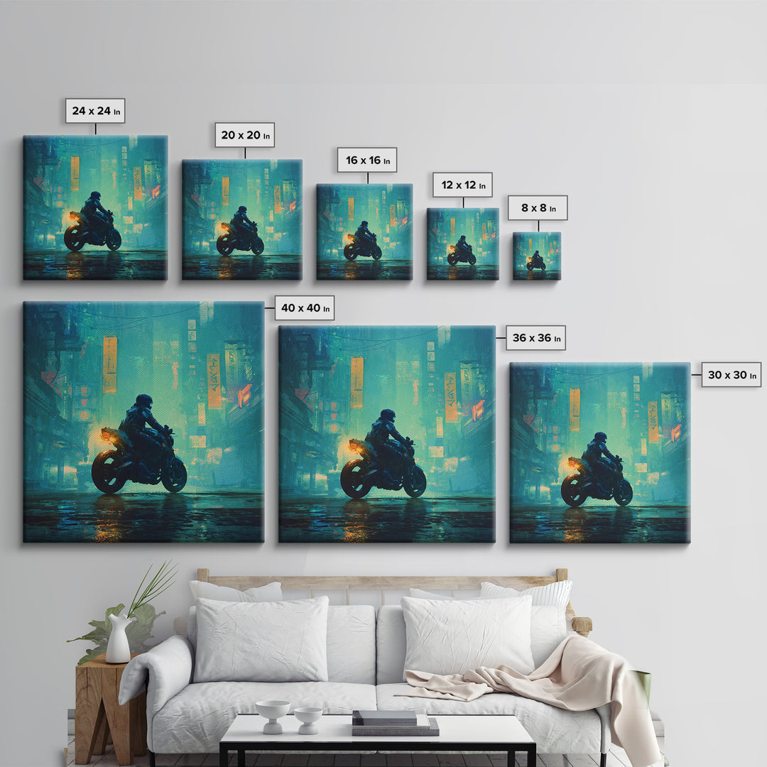 Motorcycle Rider under Holographic Signs Canvas Print, Cyberpunk Art, Home Decor, Living Room Decor, Neon, Japanese Wall Art, CYB-1x1-4