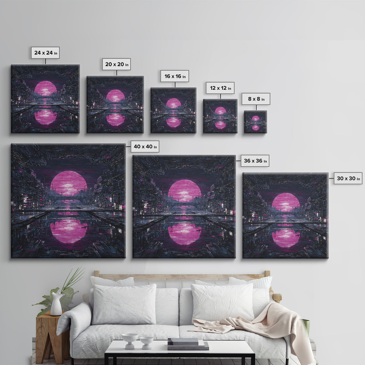 Dystopian Moon over Dense Rooftops Framed Canvas Print, Cyberpunk Art, Cyberpunk Helmet, Living Room Decor, Abstract Art, Neon, CYB-1x1-42
