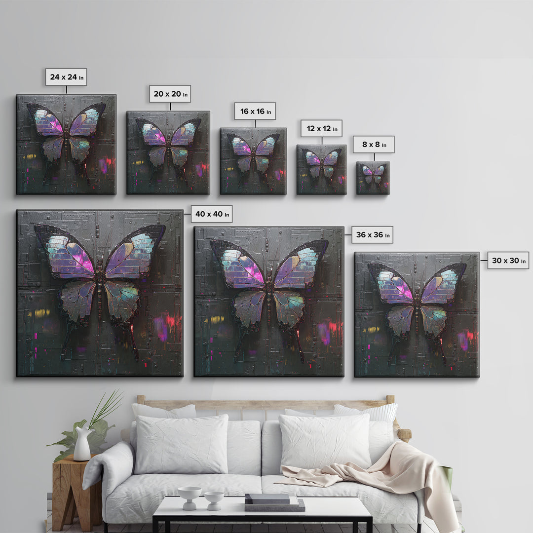 Holographic Butterfly over Black Metal Surface Framed Canvas Print, Cyberpunk Art, Man Cave Decor, Living Room Decor, Neon, CYB-1x1-43