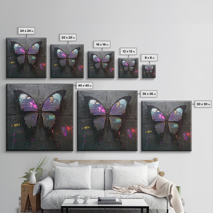Holographic Butterfly over Black Metal Surface Framed Canvas Print, Cyberpunk Art, Man Cave Decor, Living Room Decor, Neon, CYB-1x1-43