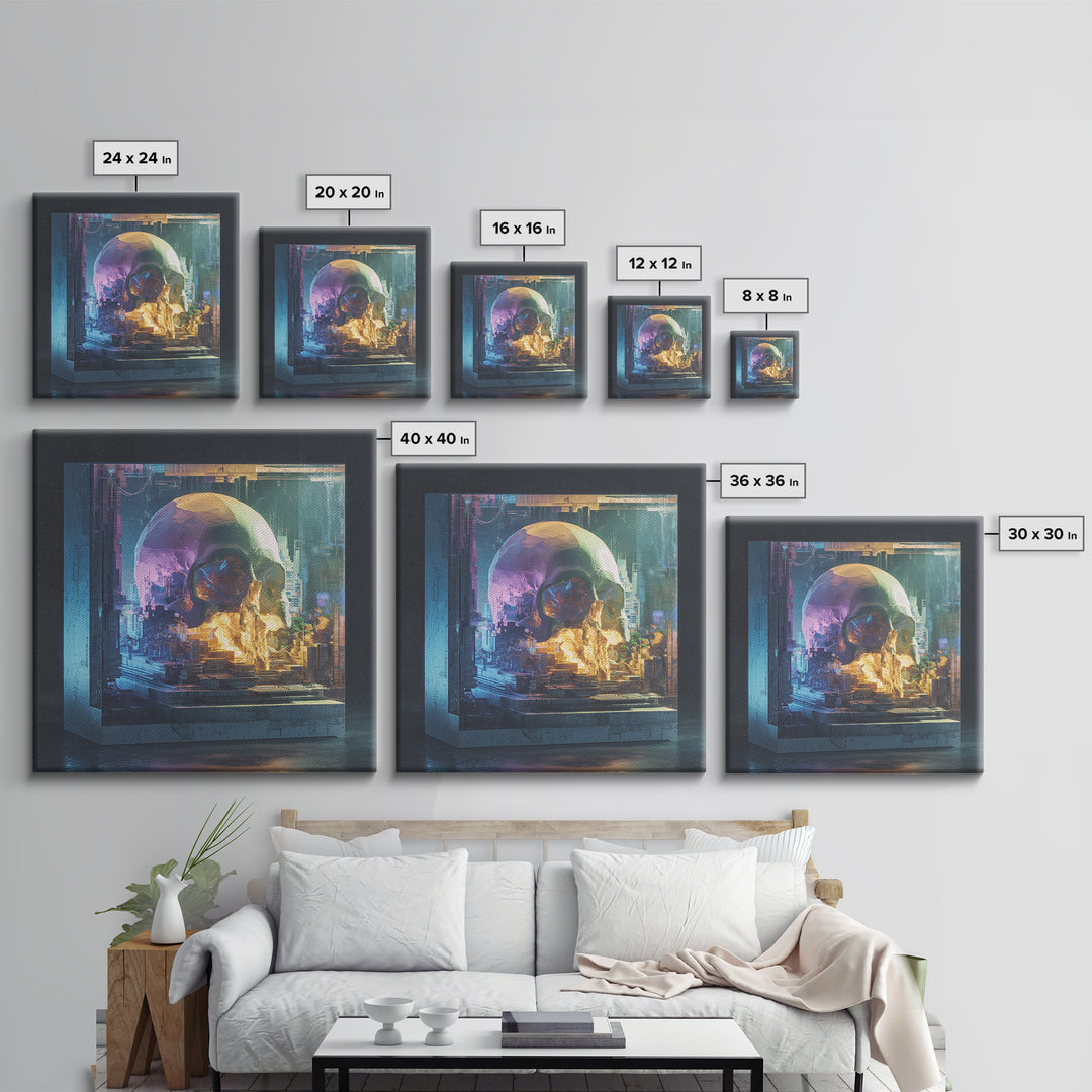Cyberpunk Skull with Chrome and Violet Light Framed Canvas Print, Cyberpunk Art, Movie Posters, Living Room Decor, Neon, CYB-1x1-44