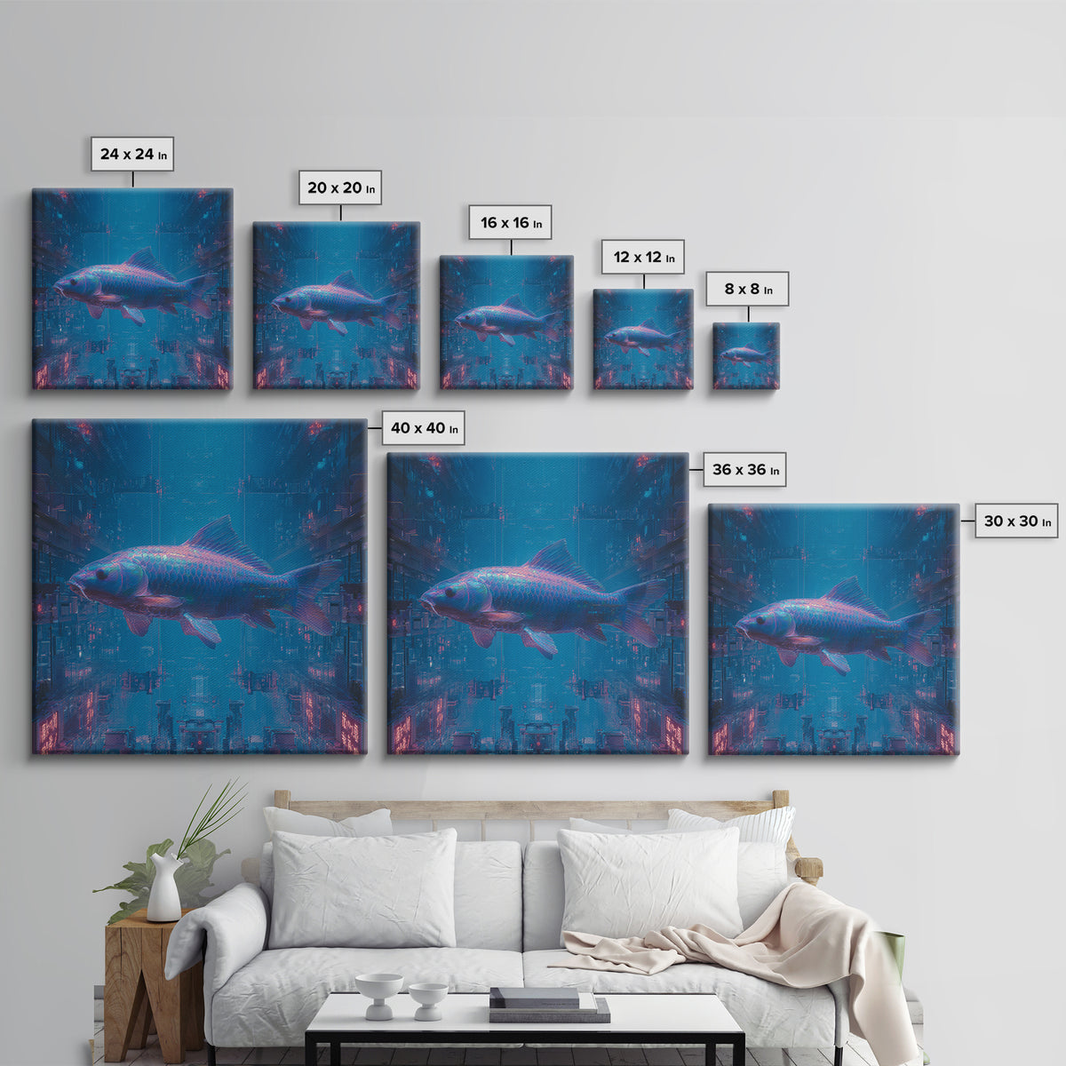Cyberpunk Koi Swimming Through Electric Blue Water Canvas Print, Cyberpunk Art, Fine Art Print, Living Room Decor, Neon, CYB-1x1-5