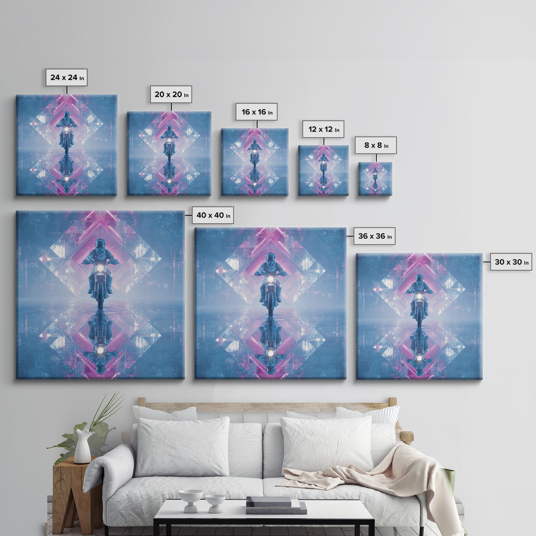 Motorcycle Rider under Holographic Signs Framed Canvas Print, Cyberpunk Art, Cool Wall Art, Living Room Decor, Fine Art, Neon, CYB-1x1-52