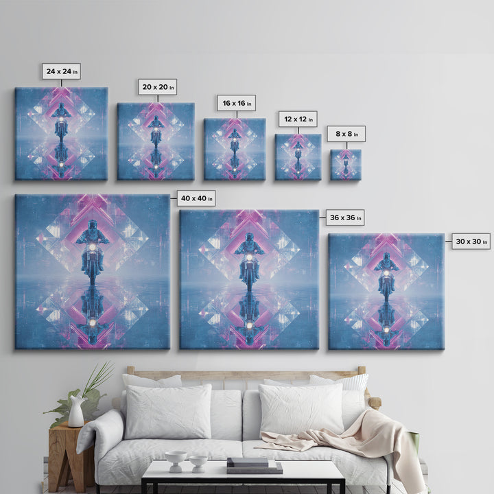 Motorcycle Rider under Holographic Signs Framed Canvas Print, Cyberpunk Art, Cool Wall Art, Living Room Decor, Fine Art, Neon, CYB-1x1-52