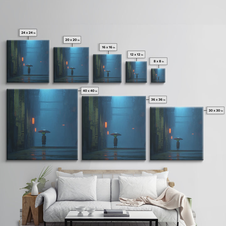 Glowing Umbrella Figure Framed Canvas Print, Cyberpunk Art, Neutral Decor, Living Room Decor, Fine Art, Neon, Home Decor, CYB-1x1-63