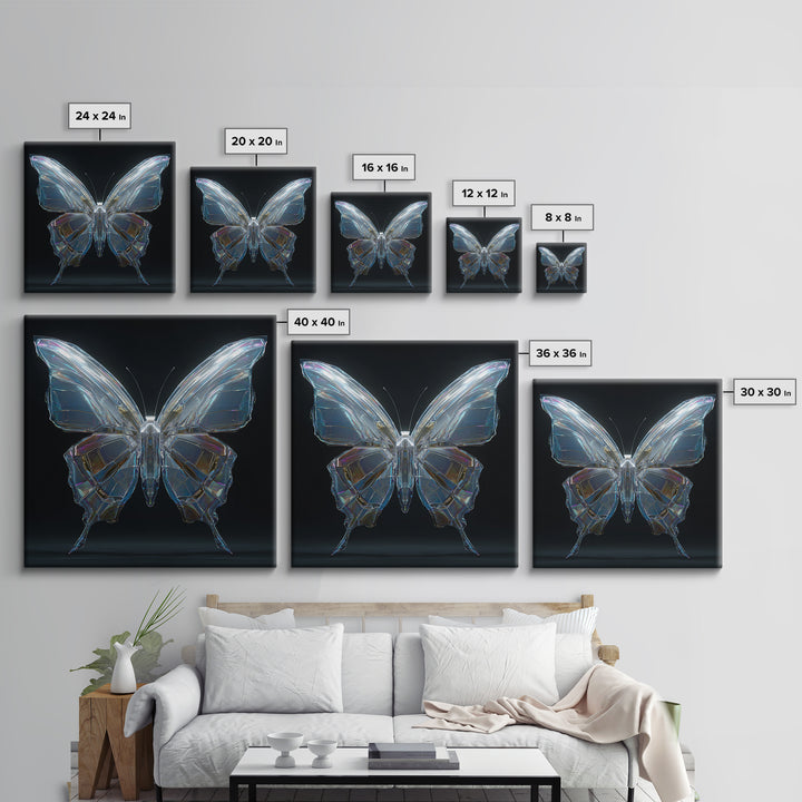 Holographic Butterfly over Black Metal Surface Framed Canvas Print, Cyberpunk Art, Modern Decor, Living Room Decor, Neon, CYB-1x1-67