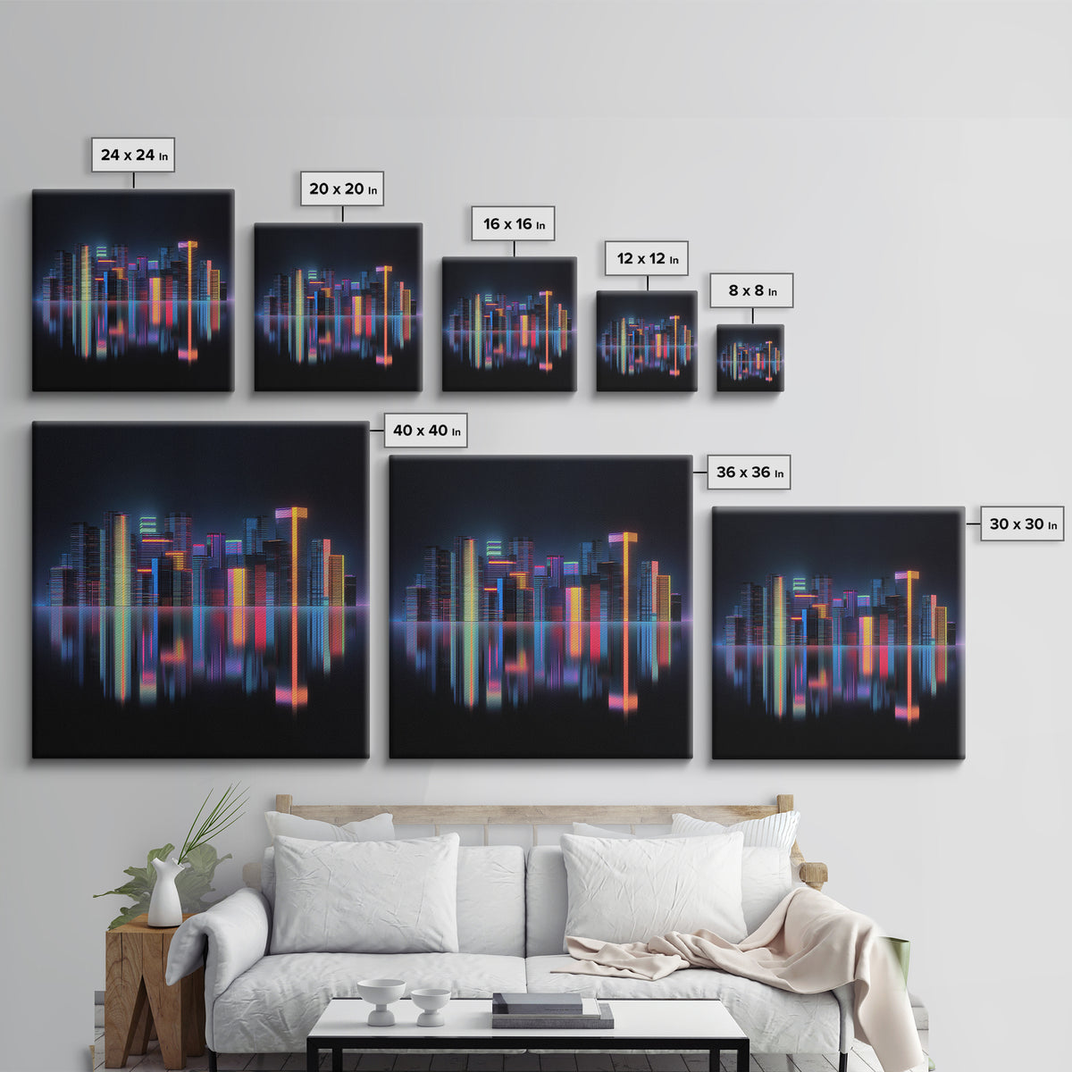 Neon Skyline Reflected Framed Canvas Print, Cyberpunk Art, Minimalist Poster, Living Room Decor, Fine Art, Neon, CYB-1x1-70