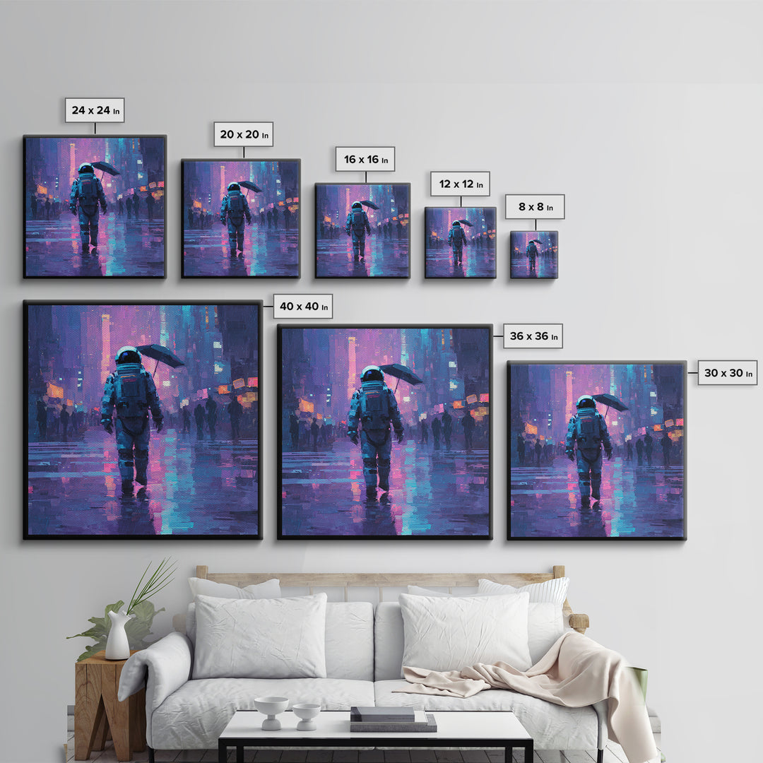 Astronaut Street Wanderer Framed Canvas Print, Cyberpunk Art, Cyberpunk Tarot, Living Room Decor, Fine Art, Neon, CYB-1x1-71