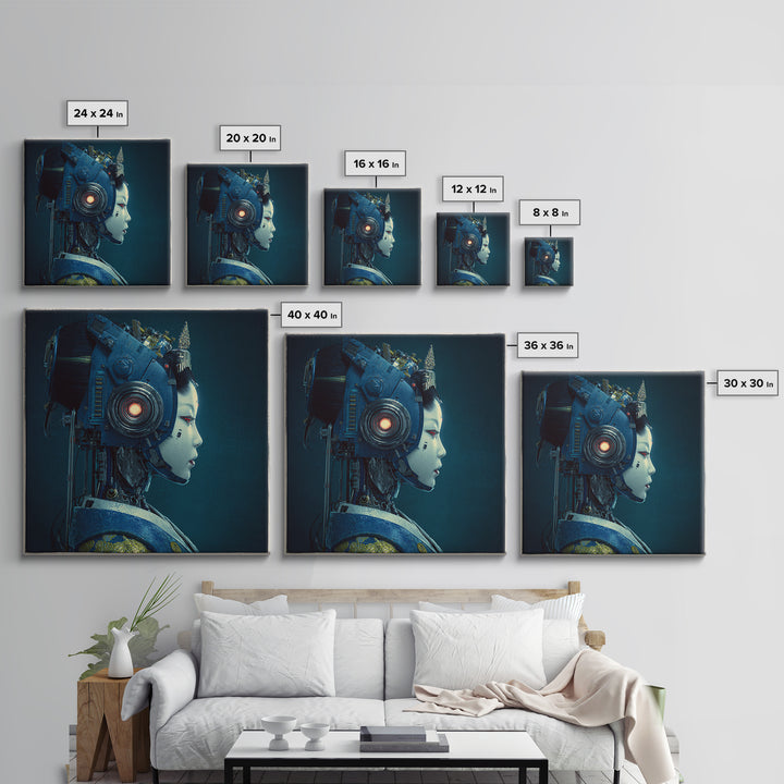 Robot Geisha Portrait Framed Canvas Print, Cyberpunk Art, Boho Decor, Living Room Decor, Fine Art, Neon, Art Print, Digital Art, CYB-1x1-79