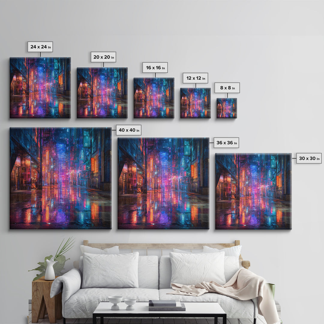 Rain Soaked Alley Framed Canvas Print, Cyberpunk Art, Cyberpunk 2077, Living Room Decor, Fine Art, Neon, Cyberpunk Decor, CYB-1x1-8