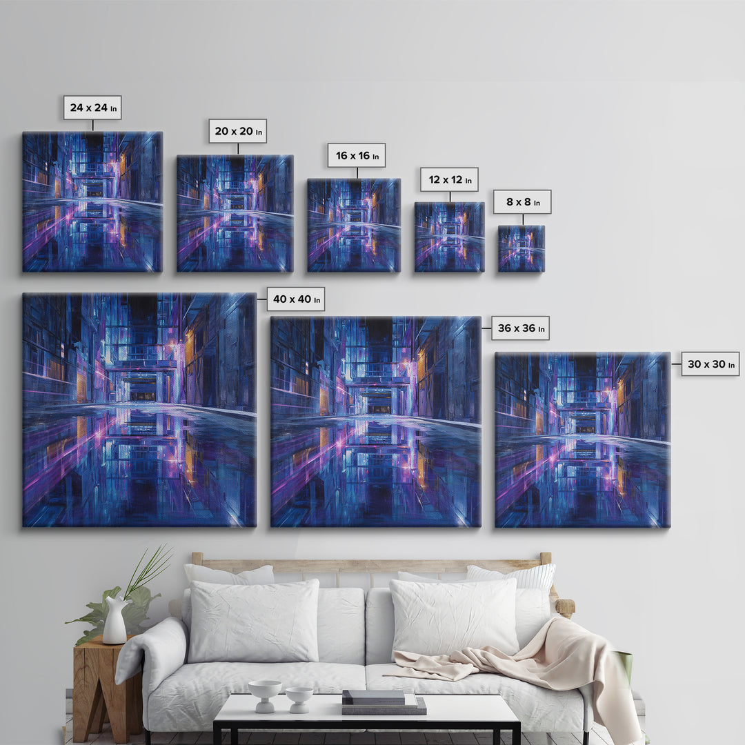 Rain Soaked Alley Framed Canvas Print, Cyberpunk Art, Fine Art Print, Living Room Decor, Abstract Art, Neon, Wall Decor, CYB-1x1-80