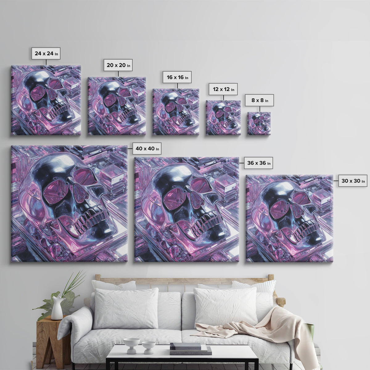 Cyberpunk Skull with Chrome and Violet Light Canvas Print, Cyberpunk Art, Cyberpunk Tarot, Living Room Decor, Fine Art, Neon, CYB-1x1-92