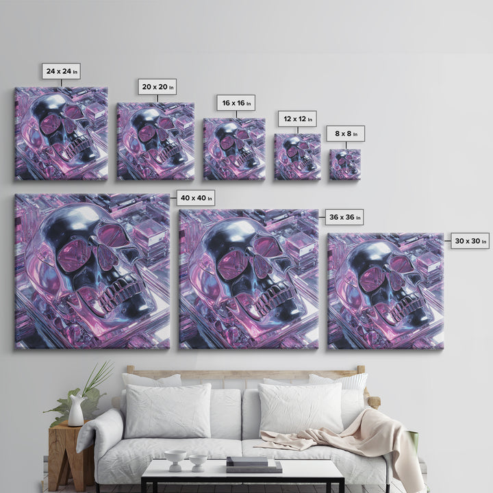 Cyberpunk Skull with Chrome and Violet Light Canvas Print, Cyberpunk Art, Cyberpunk Tarot, Living Room Decor, Fine Art, Neon, CYB-1x1-92
