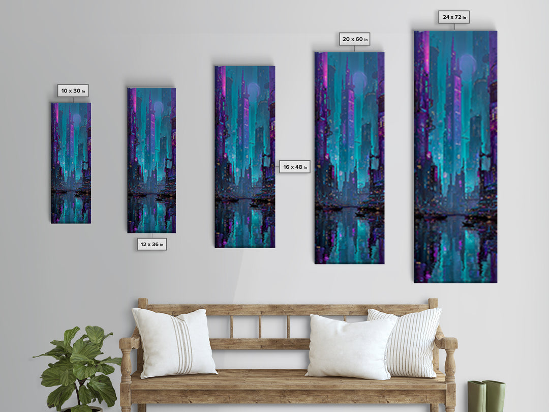 Futuristic City Skyline Canvas Print, Cyberpunk Art, Gallery Decor, Living Room Decor, Fine Art, Neon, Wall Art, Home Decor, CYB-1x3-14