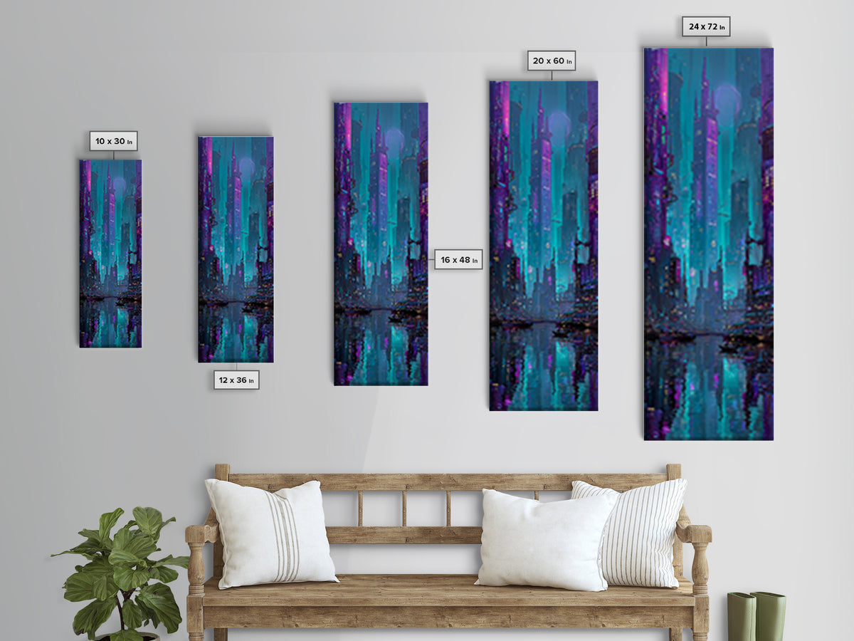 Futuristic City Skyline Canvas Print, Cyberpunk Art, Gallery Decor, Living Room Decor, Fine Art, Neon, Wall Art, Home Decor, CYB-1x3-14