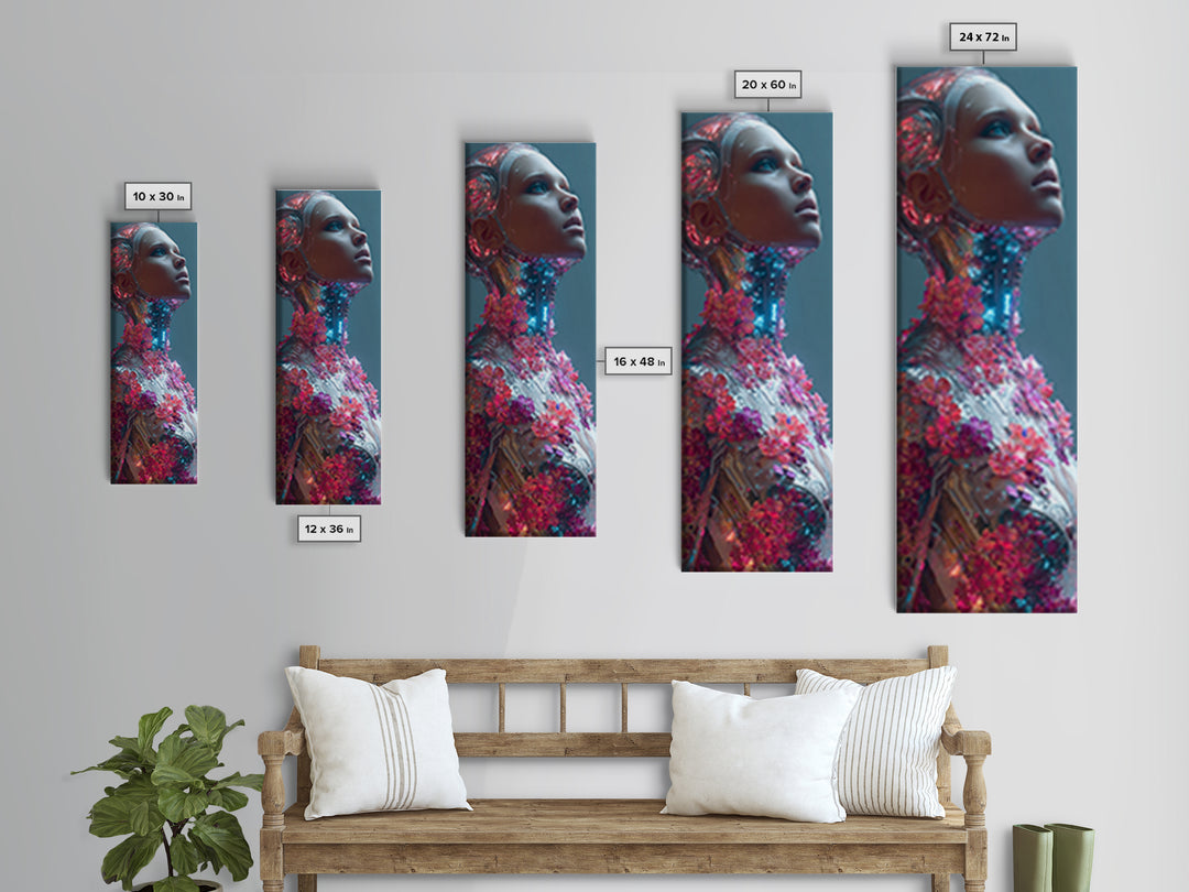 Android Woman with Glowing Circuitry and Flowers Framed Canvas Print, Cyberpunk Art, Canvas Wall Art, Living Room Decor, Neon, CYB-1x3-15