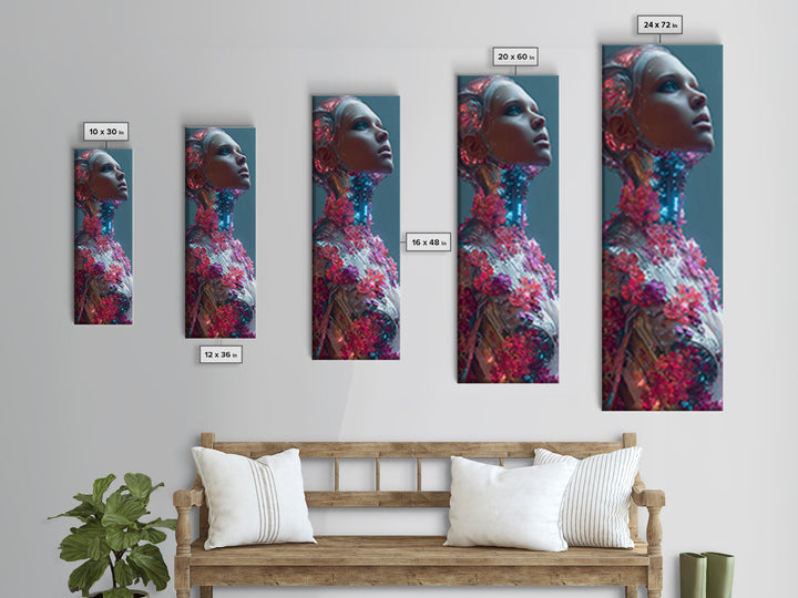 Android Woman with Glowing Circuitry and Flowers Framed Canvas Print, Cyberpunk Art, Canvas Wall Art, Living Room Decor, Neon, CYB-1x3-15