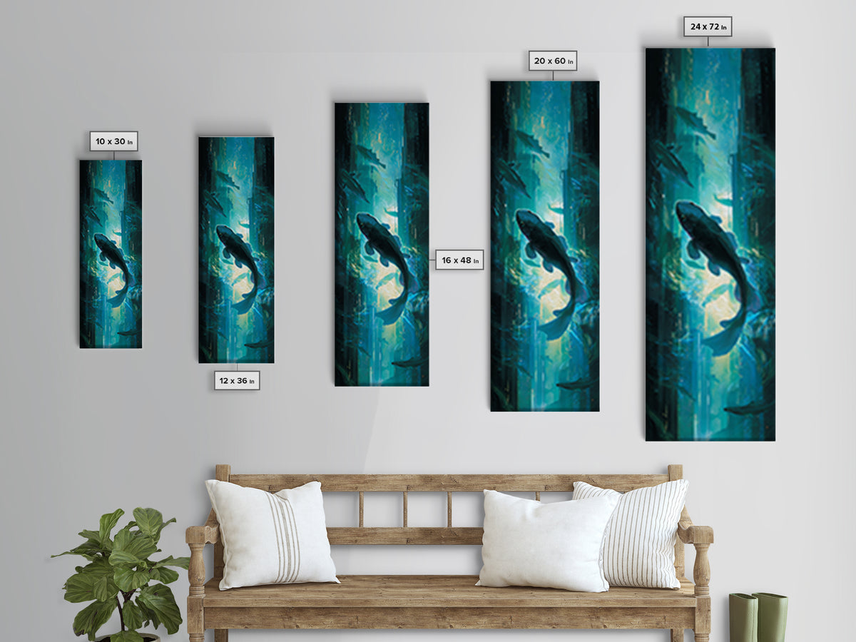 Cyberpunk Koi Swimming Through Electric Blue Water Canvas Print, Cyberpunk Art, Poster, Living Room Decor, Fine Art, Neon, CYB-1x3-17