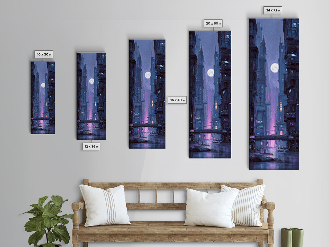 Dystopian Moon over Dense Rooftops Framed Canvas Print, Cyberpunk Art, Fantasy Art, Living Room Decor, Oil Painting, Neon, CYB-1x3-30
