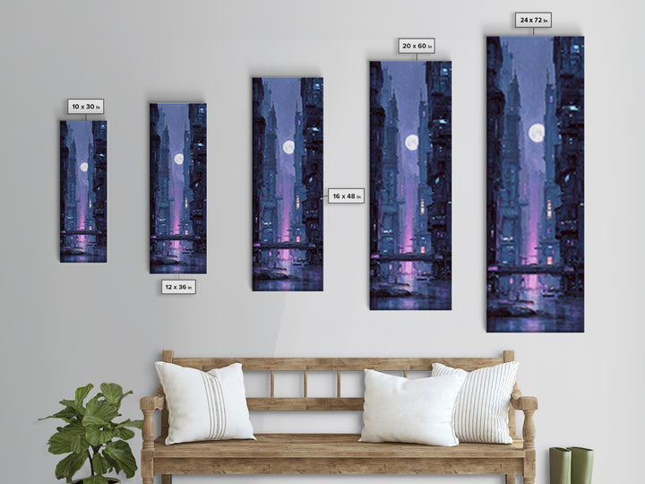 Dystopian Moon over Dense Rooftops Framed Canvas Print, Cyberpunk Art, Fantasy Art, Living Room Decor, Oil Painting, Neon, CYB-1x3-30