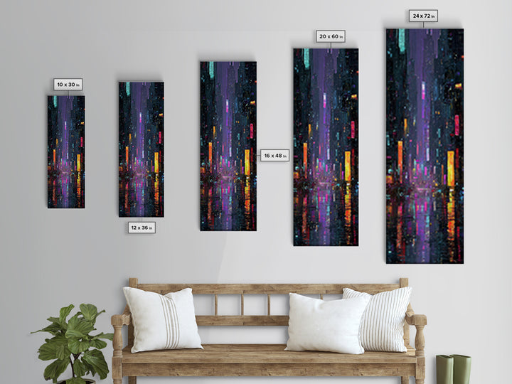 Neon Skyline Reflected Framed Canvas Print, Cyberpunk Art, Modern Wall Decor, Living Room Decor, Abstract Art, Neon, CYB-1x3-34