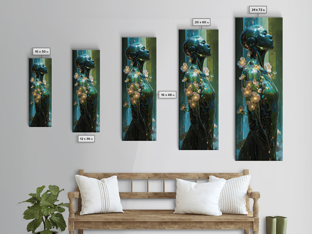 Android Woman with Glowing Circuitry and Flowers Canvas Print, Cyberpunk Art, Blue Wall Art, Living Room Decor, Oil Painting, CYB-1x3-39