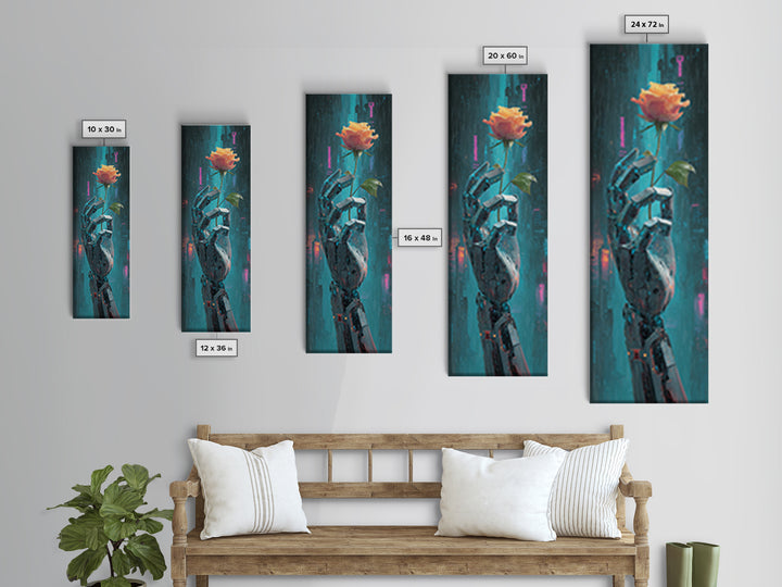 Robotic Hand Holding a Real Rose Framed Canvas Print, Cyberpunk Art, Minimalist Decor, Living Room Decor, Fine Art, Neon, CYB-1x3-4