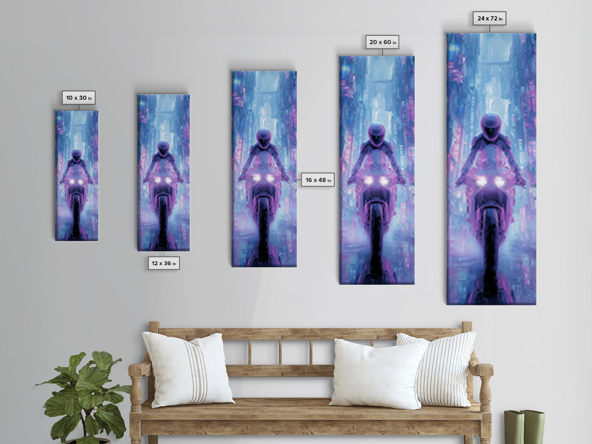 Motorcycle Rider under Holographic Signs Canvas Print, Cyberpunk Art, Abstract Art, Living Room Decor, Fine Art, Neon, CYB-1x3-40